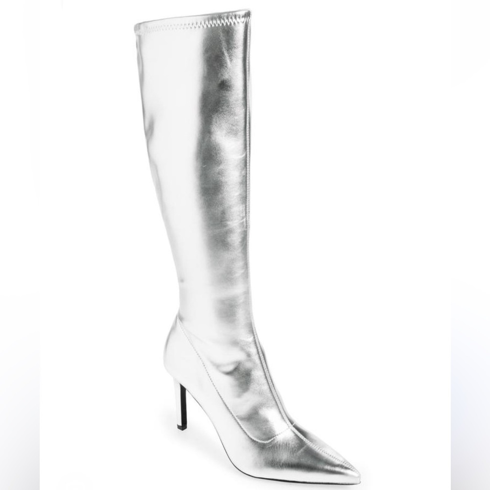Open Edit Viv Silver Knee High Boots Pointed Toe Stiletto Heel Metallic Size 9